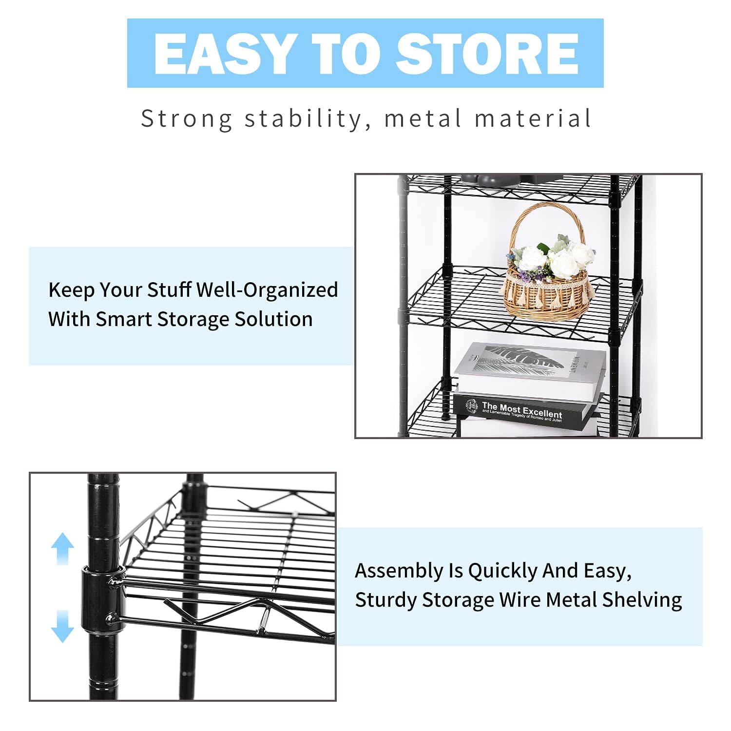 SUNLPH 6-Tier Wire Shelving Adjustable Shelves Unit Metal Storage Rack for Laundry Bathroom Kitchen Pantry Closet Organization (Black, 16.6" L x SUNLPH