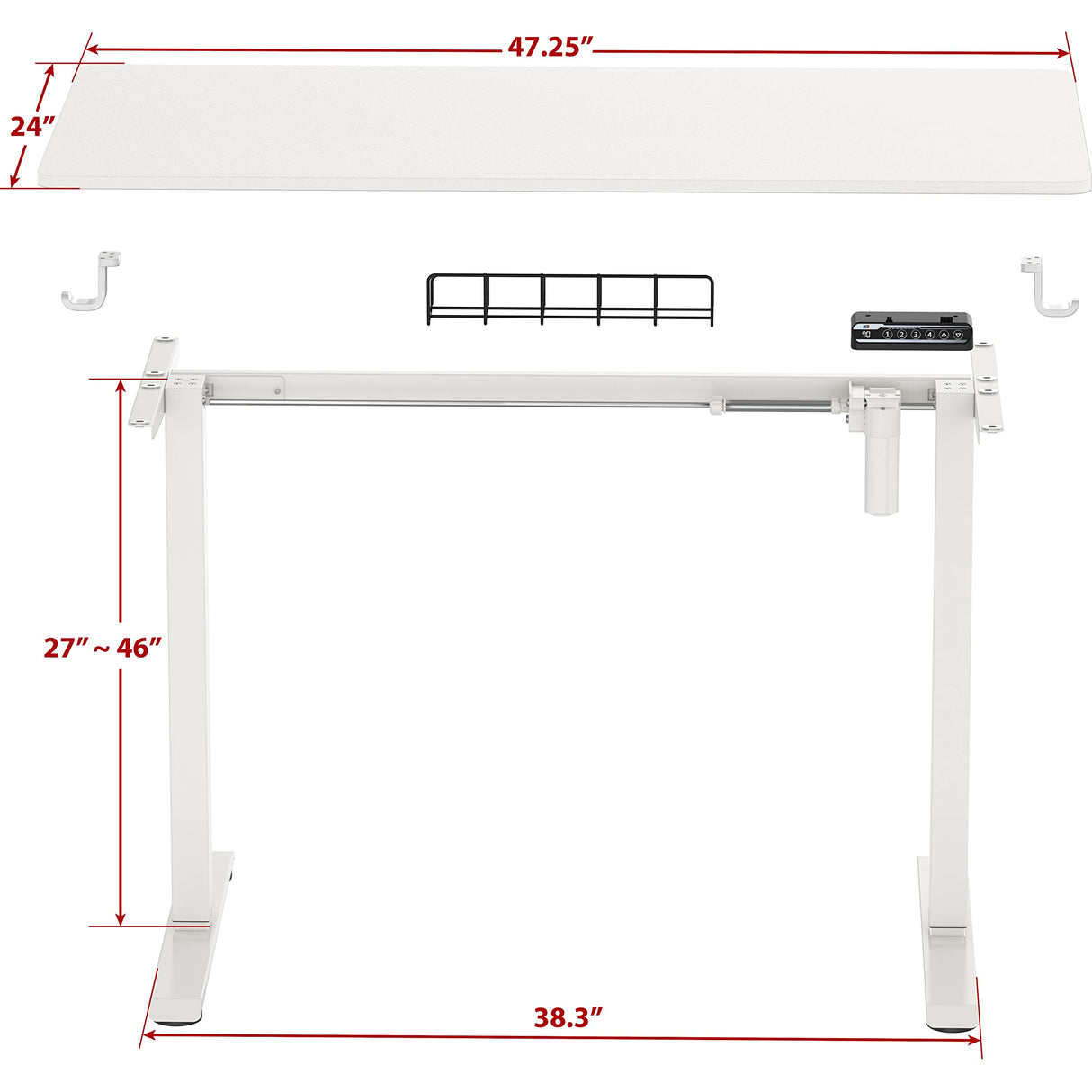 SHW Electric Height Adjustable Sit Stand Desk with Hanging Hooks and Cable Management, 48 x 24 Inches, White Frame and White Top SHW