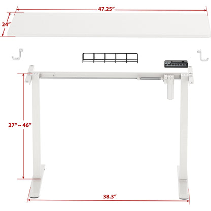 SHW Electric Height Adjustable Sit Stand Desk with Hanging Hooks and Cable Management, 48 x 24 Inches, White Frame and White Top - WoodArtSupply