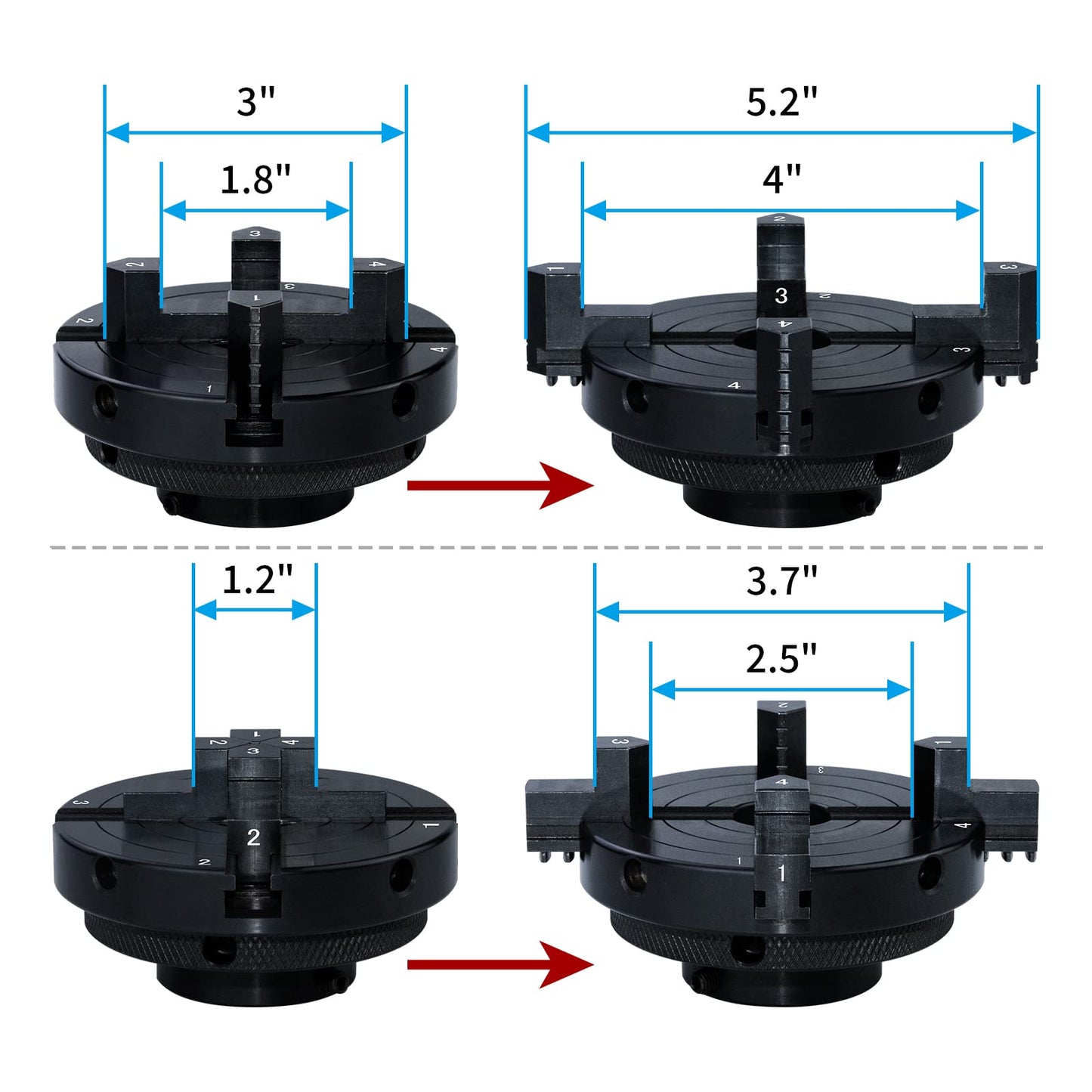 DEEFIINE 4 Inch Wood Lathe Chuck Set 1" x 8 tpi & 3/4"x16TPI Adapter, Self Centering 4 Jaw Wood Turning Chuck