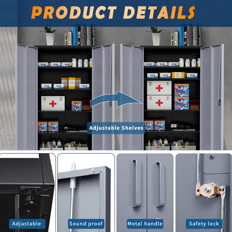 Yizosh Metal Garage Storage Cabinet with 2 Doors and 5 Adjustable Shelves - 71" Steel Lockable File Cabinet,Locking Tool Cabinets for Yizosh