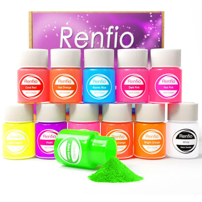 Renfio Neon Pigment Powder, 12 Colors Neon Mica Powder, 10g/Jar Bright Fluorescent Nail Glitter Powder for Nail Art, Candle Dye, Epoxy Resin, Soaping