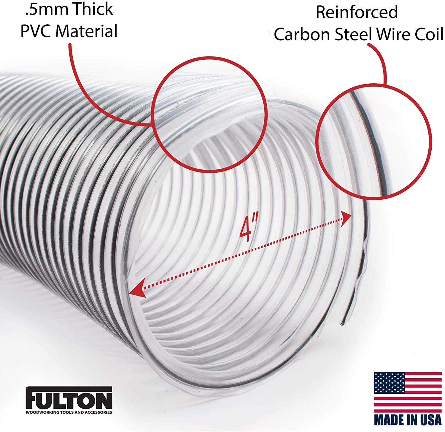 4" x 50’ Ultra Flex Clear Vue Heavy Duty PVC Dust Debris and Fume Collection Hose MADE IN USA! Fulton Woodworking Tools