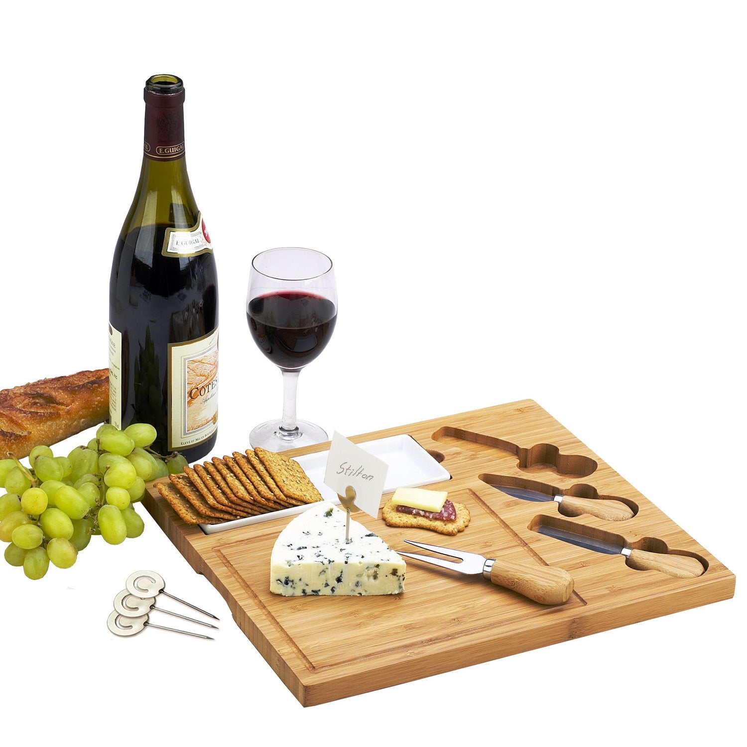 Picnic at Ascot Personalized Monogrammed Engraved Bamboo Cutting Board for Cheese & Charcuterie Platter- includes Knives, Ceramic Dish, & Cheese - WoodArtSupply