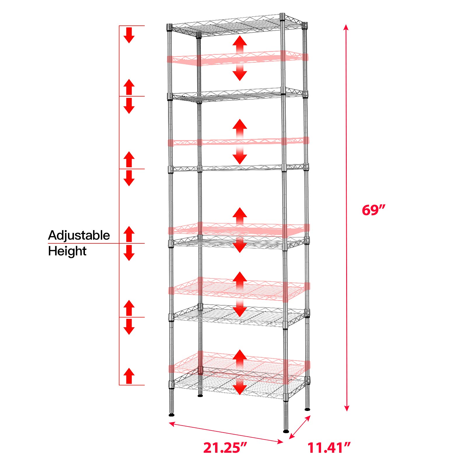 SINGAYE 6-Shelf Wire Shelving Unit, Adjustable Metal Shelves, Standing Shelf, 21.25" W X 11.41D X 69 "H (Silver) - WoodArtSupply