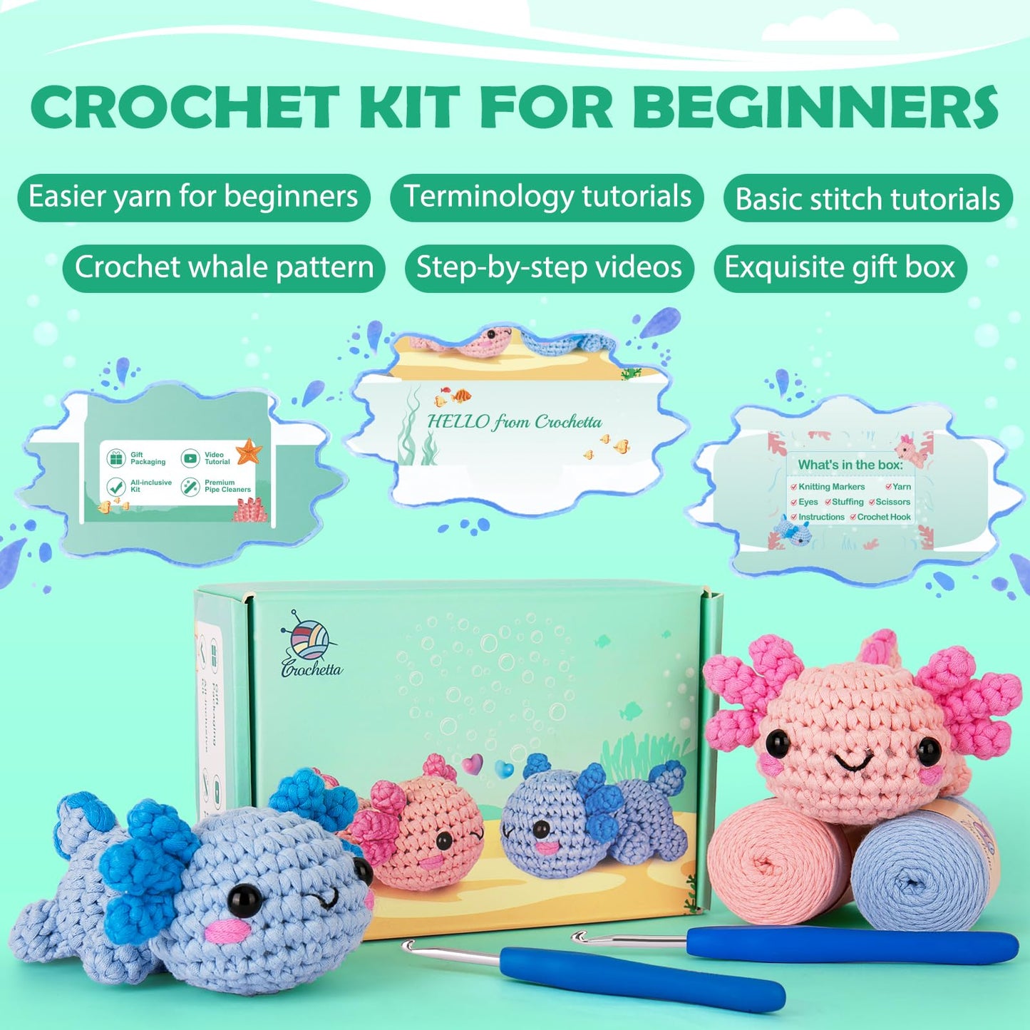 Crochet Kit for Beginner, Crochet Starter Kit w Step-by-Step Video Tutorials, Crochet Kit for Beginners, Beginner Crochet Kit for Adults Kids Women