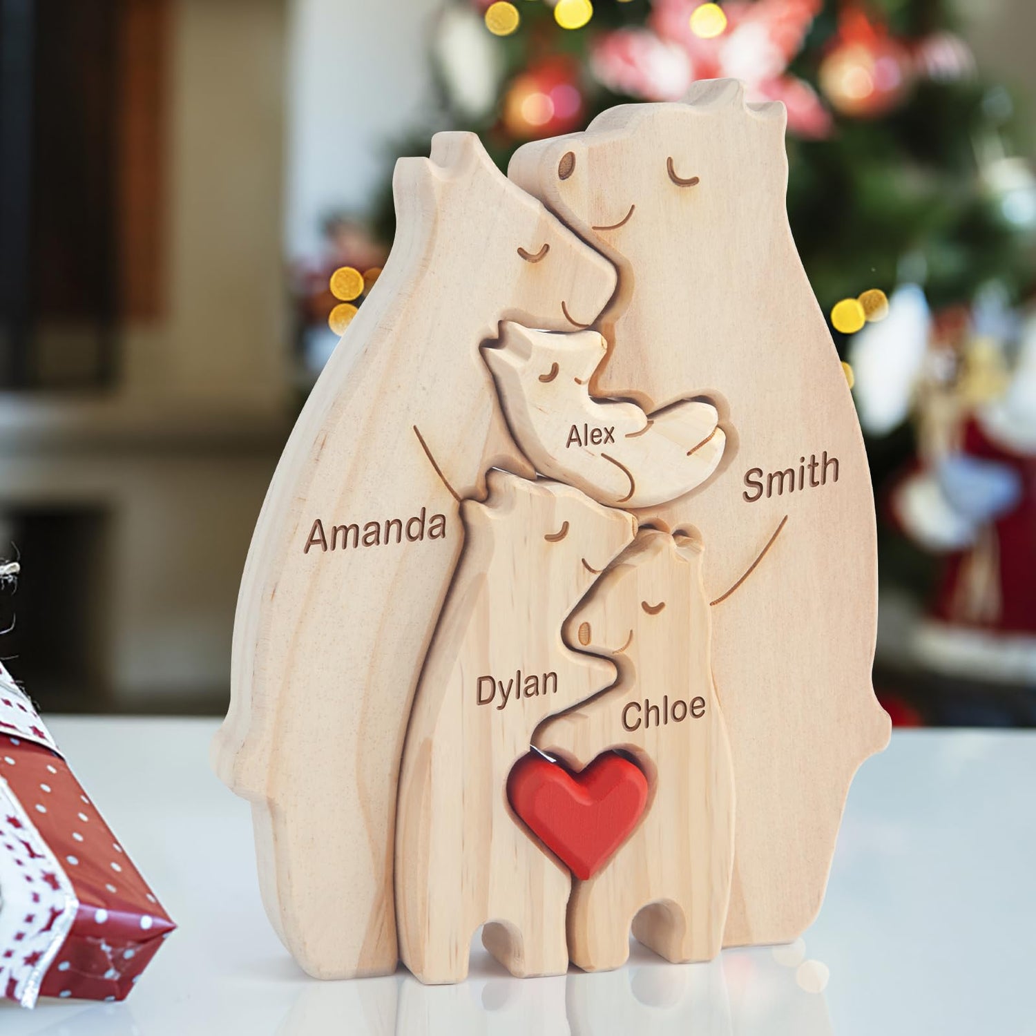 Personalized Wooden Bears Family Puzzle Gift with 1-8 Name We are One,Jigsaw Oak Wooden Animal Sculpture Decorative for Home Ornament Ideas for Kowlone