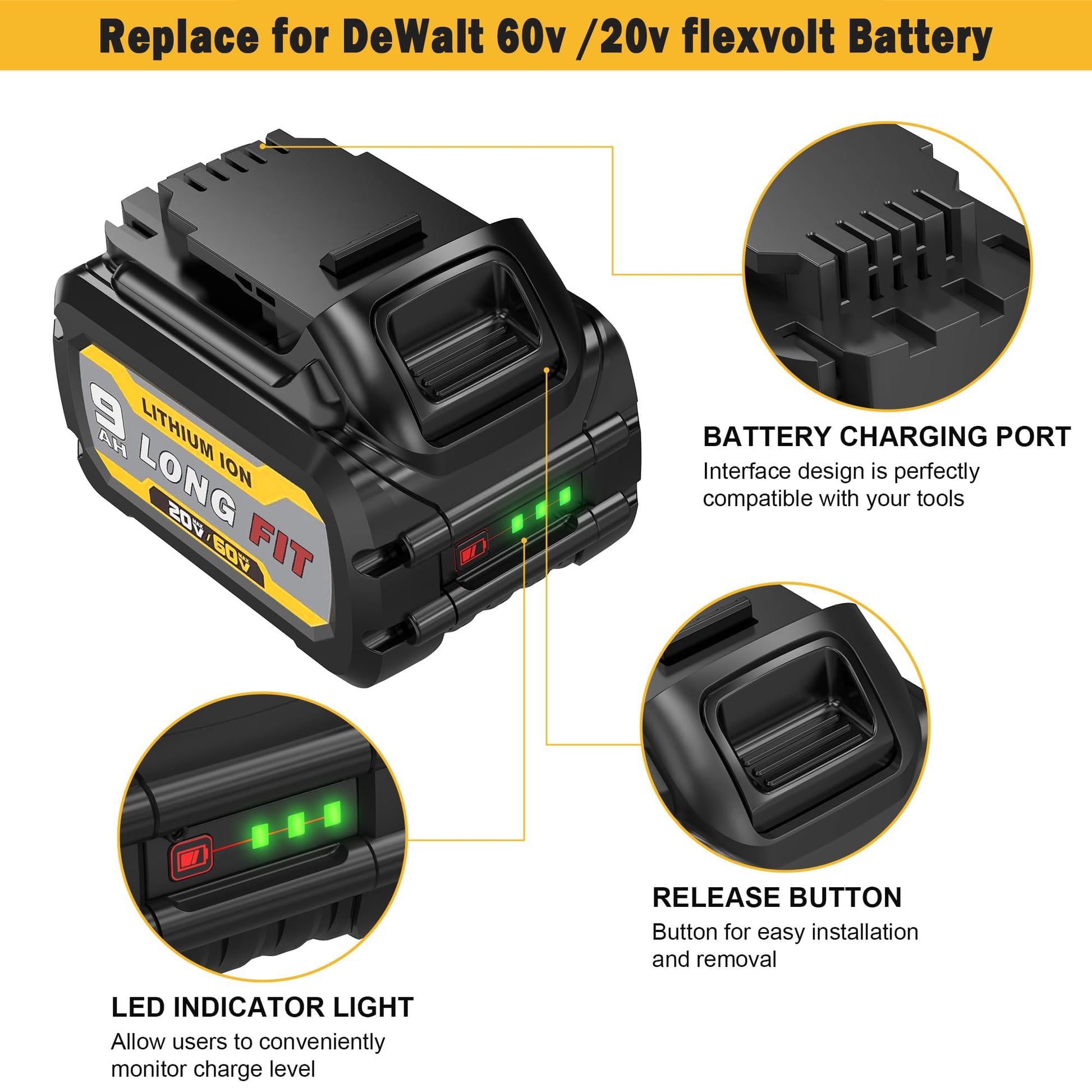 DCB609 60V/20V Replace for DEWALT Battery 9.0AH, Compatible with DeWalt 20V/60V Power Tools and DeWalt 20v 60v Battery Chargers - WoodArtSupply