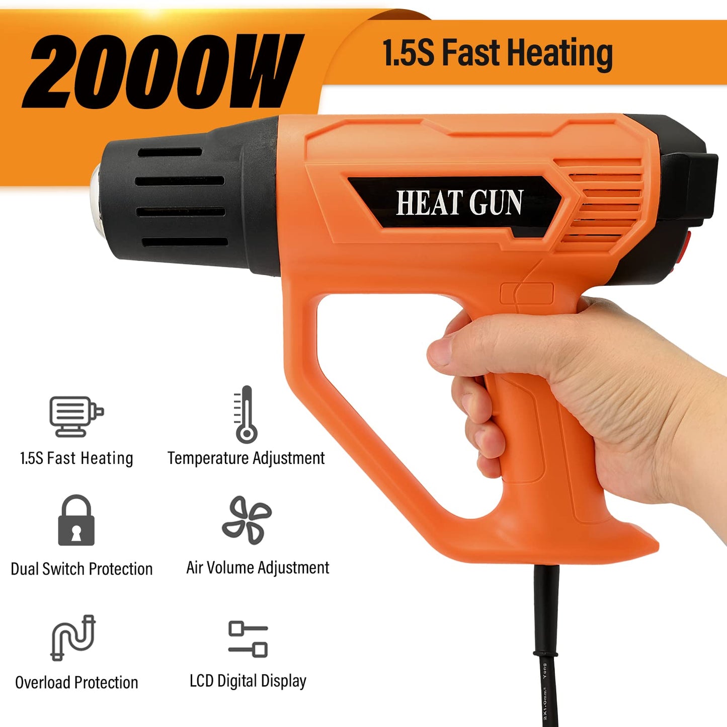 FOSHIO Heat Gun 2000W Hot Air Gun Kit with Large Digital LCD Display Variable Temperature Control 122℉~1202℉（50℃- 650℃）with 4 Nozzles, Overload - WoodArtSupply