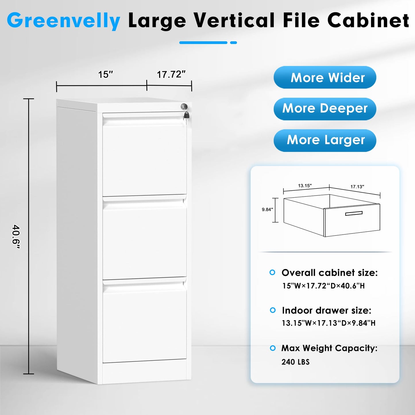 Greenvelly White Filing Cabinet 3 Drawer, 18” D Vertical File Cabinet with Lock, Locking File Cabinet for Home Office, Metal File Cabinet for Hanging