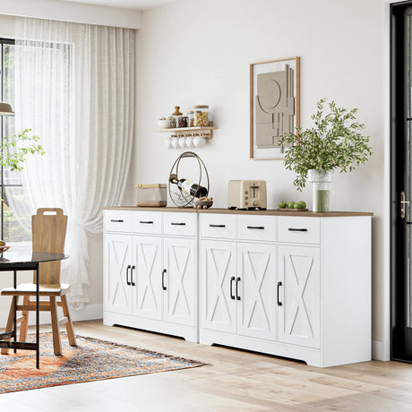 HOSTACK Modern Farmhouse Sideboard Buffet Cabinet, Barn Doors Buffet Storage Cabinet with Drawers and Shelves, Wood Coffee Bar Cabinet with Storage HOSTACK