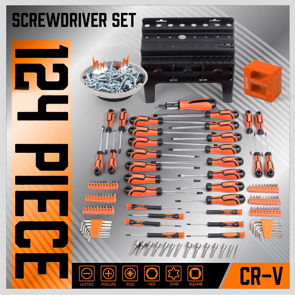 124-Piece Ultimate Screwdriver Set with Magnetic Tips & Racking, Premium Screw Driver Bits, Pricision Screwdrivers, Allen Keys, Nut Drivers and More SEDY