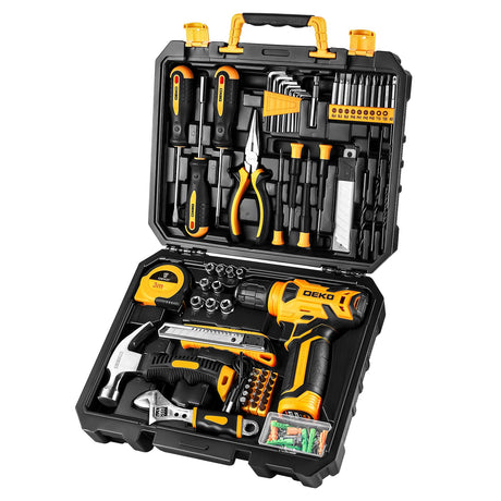 DEKOPRO 126 Piece Power Tool Combo Kits with 8V Cordless Drill, 10MM 3/8'' Keyless Chuck, Professional Household Home DIY Hand Tool Kits for Garden DEKOPRO