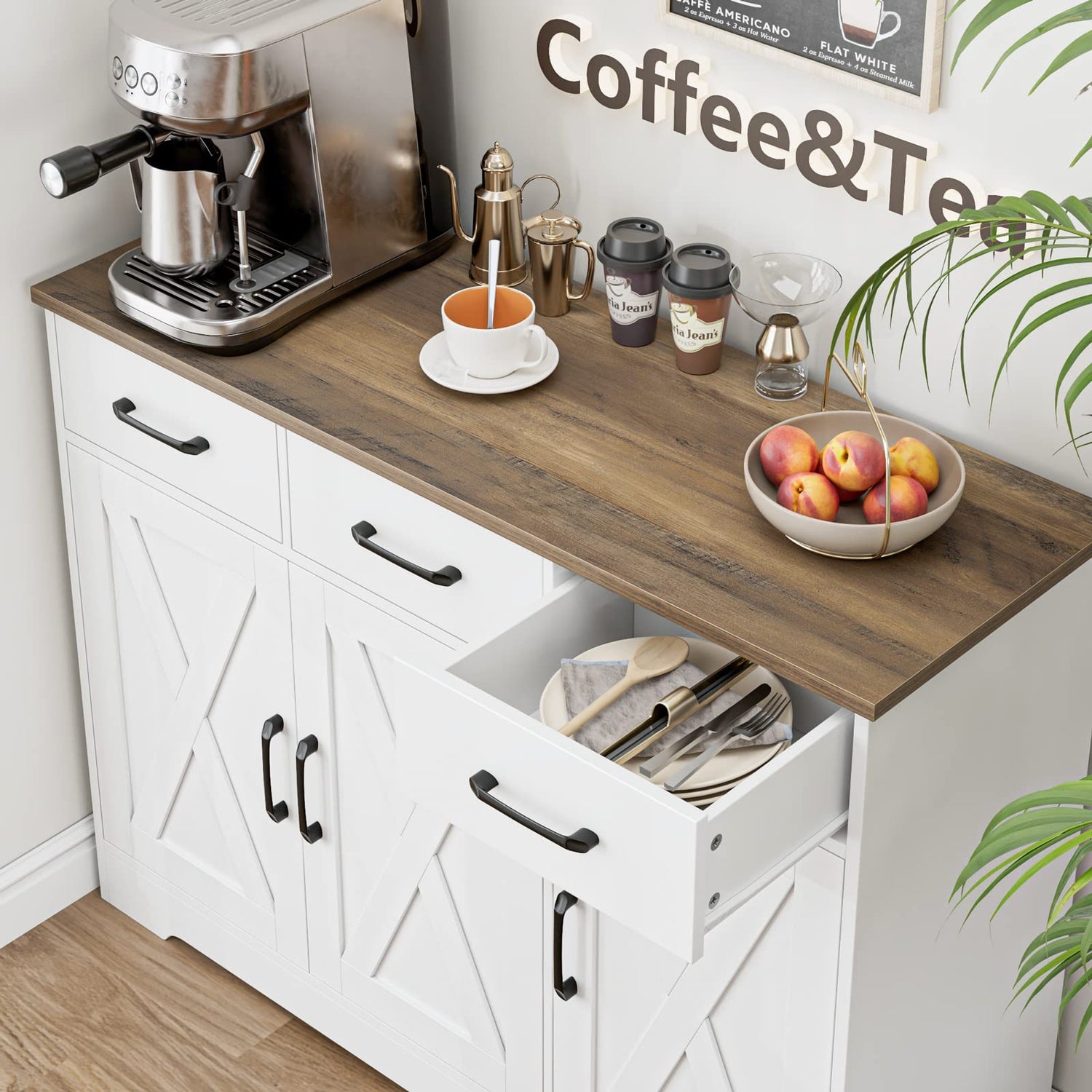 HOSTACK Modern Farmhouse Sideboard Buffet Cabinet, Barn Doors Buffet Storage Cabinet with Drawers and Shelves, Wood Coffee Bar Cabinet with Storage HOSTACK