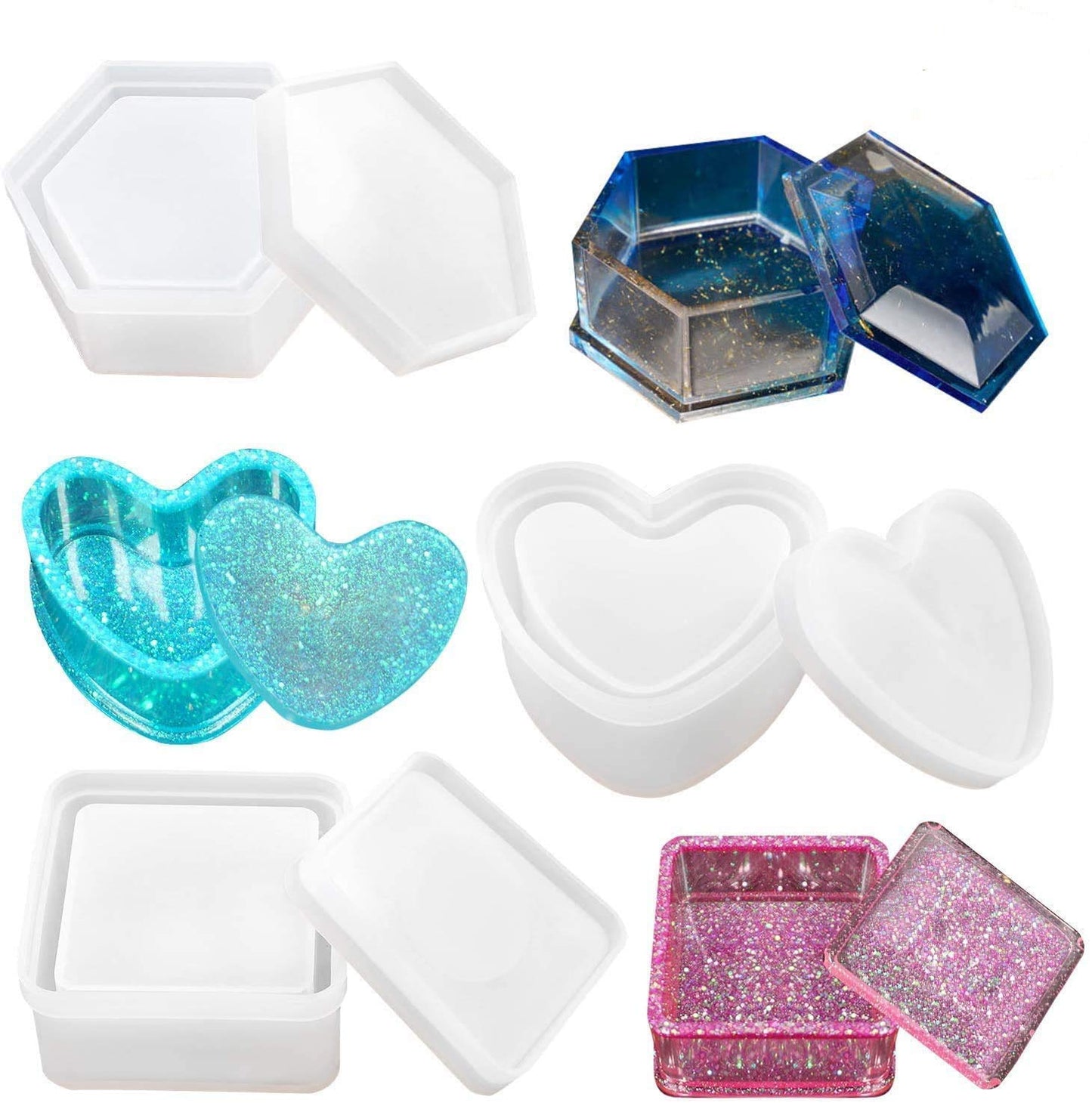 Box Resin Molds, Jewelry Box Molds with Heart Shape Silicone Mold, Hexagon Storage Box and Square Epoxy Molds for Making Resin Molds