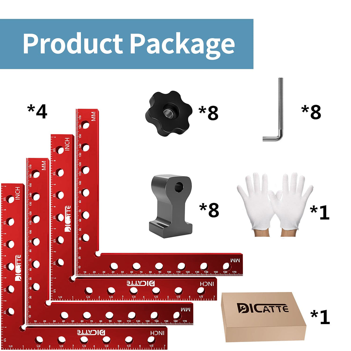 DICATTE 90 Degree Positioning Square Right Angle Clamp 7.1" x 7.1" Aluminum Alloy Woodworking Carpenter Tool,4 Pcs Right Angle Clamps With 8 DICATTE