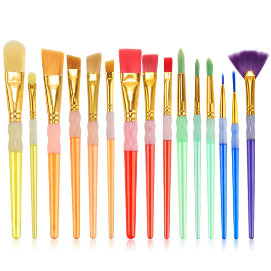 15Pcs Paint Brushes Value Pack, Includes 15 Different Types of Brushes, Nylon Colorful Hair with Silicone Crystal Penholder, Prefect Works with Oil,