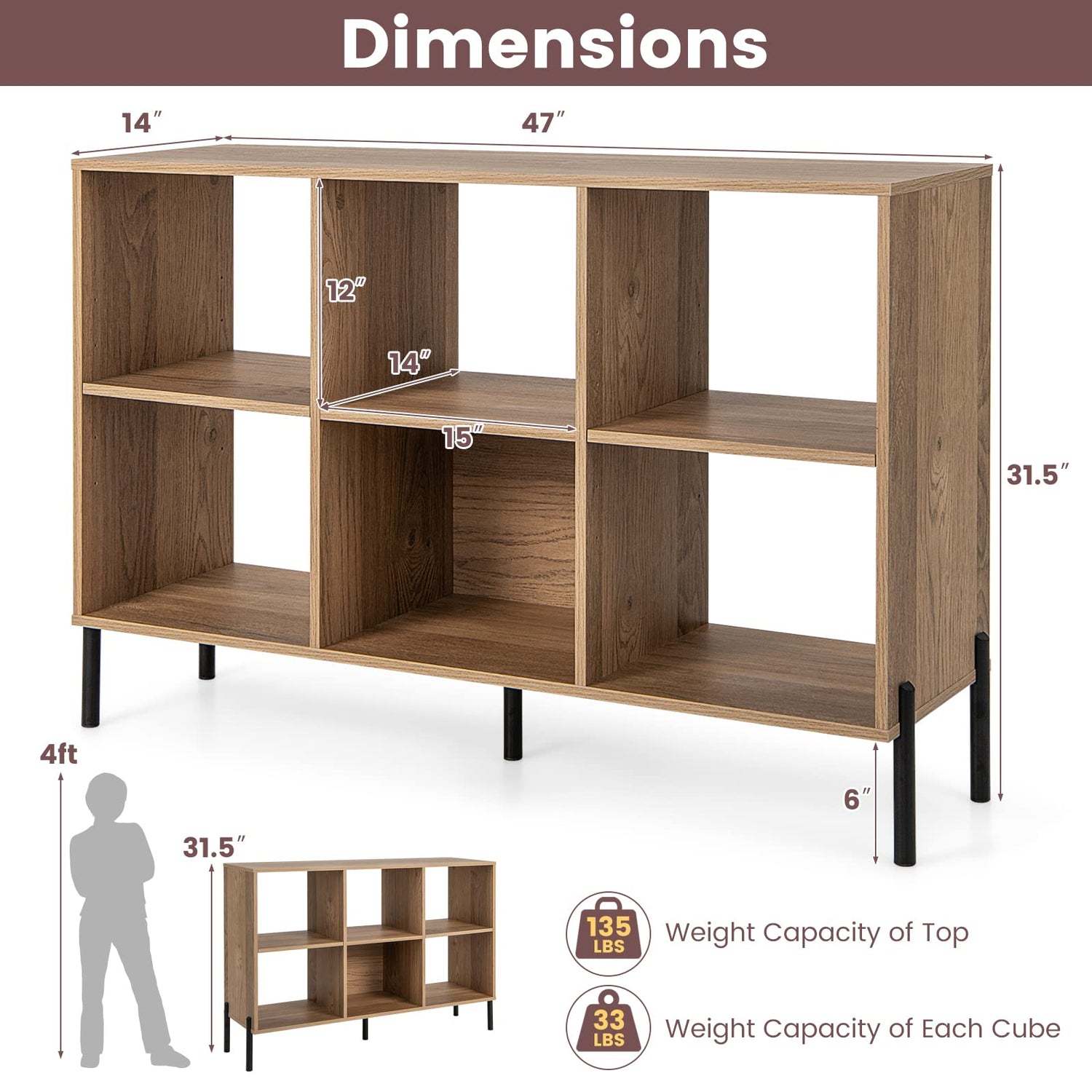Giantex Natural 6-Cube Bookcase with Adjustable Shelves and Metal Legs Giantex