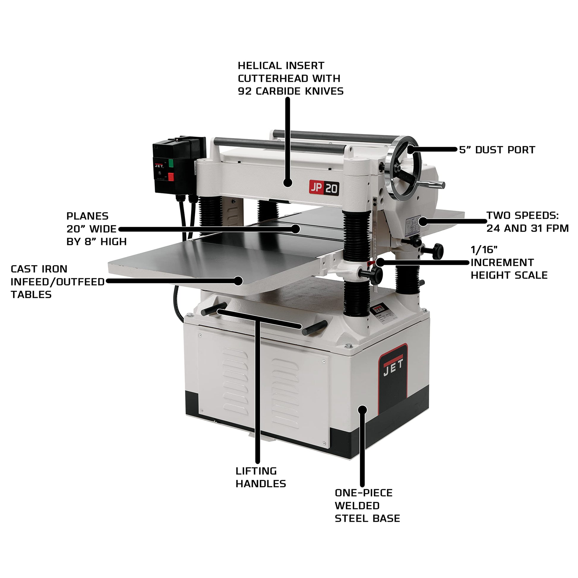 JET 20-Inch Planer, Helical Head, 5 HP, 1Ph 230V (JWP-208HH) - WoodArtSupply