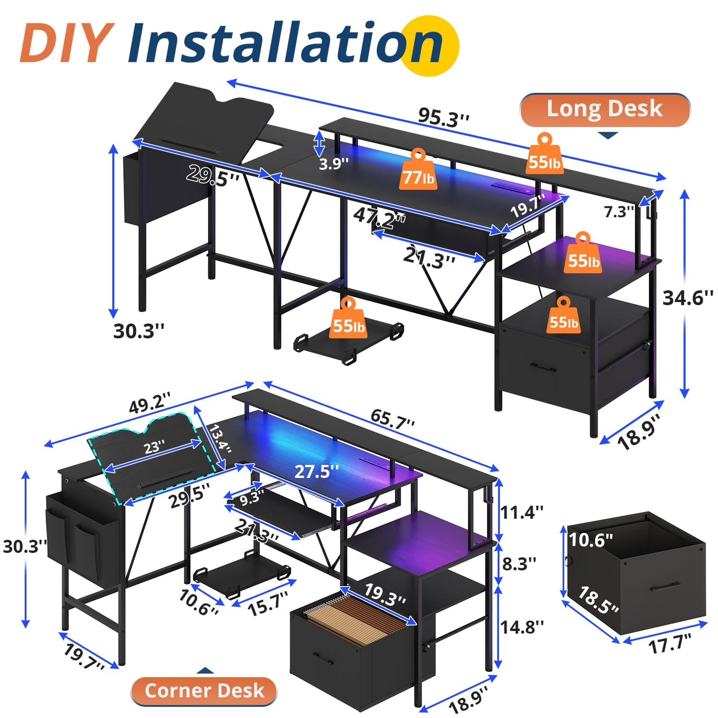 VIGKOOK L Shaped Gaming Desk, Adjustable Drafting Table, Reversible Corner Office Desk with Storage, Power Outlet LED Light File Cabinet Keyboard - WoodArtSupply