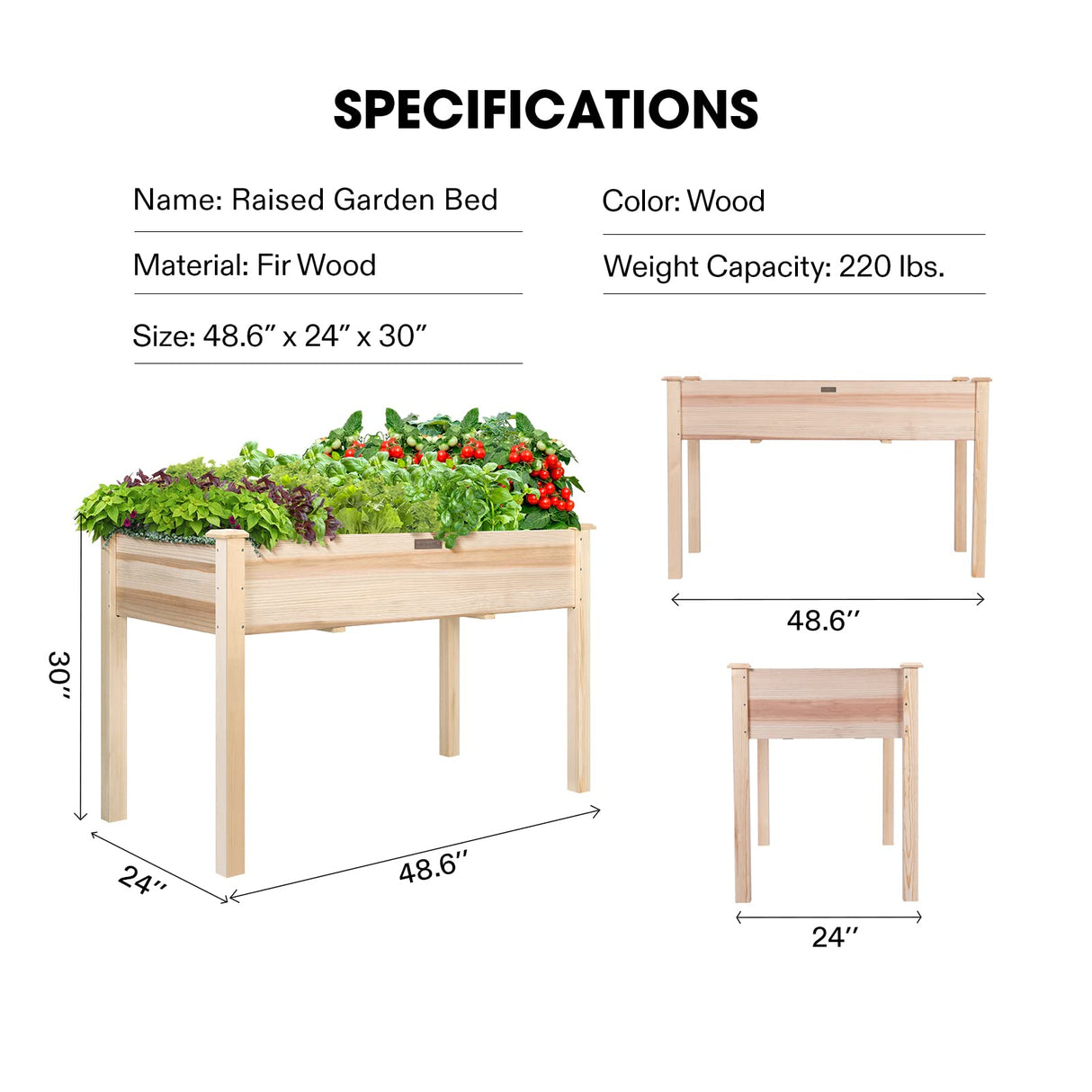 VIVOSUN Elevated Wooden Raised Garden Bed, 48 x 24 x 30 Inches, Outdoor Wood Planter Box w Bed Liner and Gloves for Garden, Patio, Balcony, Backyard VIVOSUN