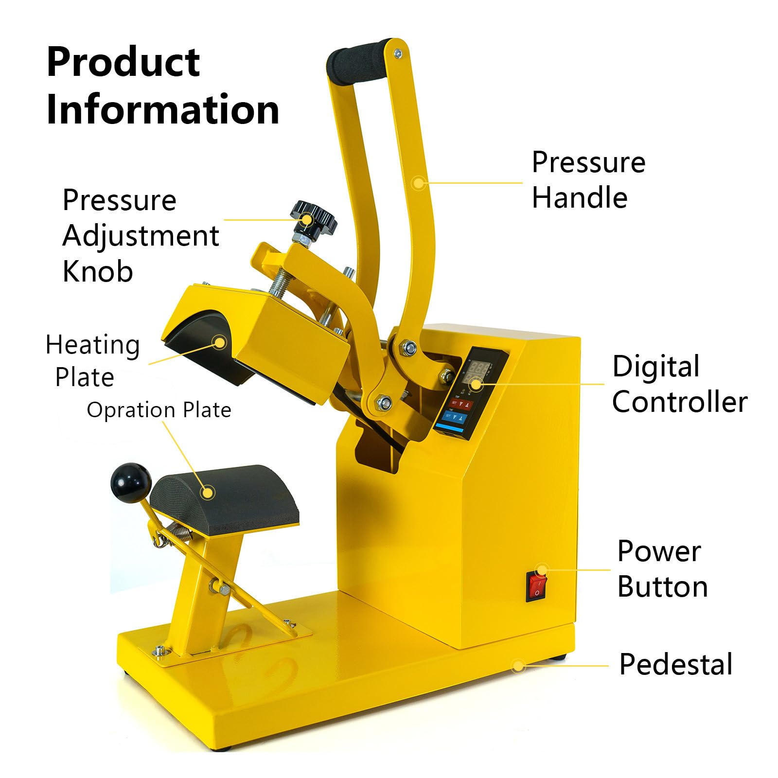 Cap Heat Press Machine Clamshell Design Rigid Steel Frame Curved Hat Press Digital LCD Timer and Temperature Control, Yellow - WoodArtSupply