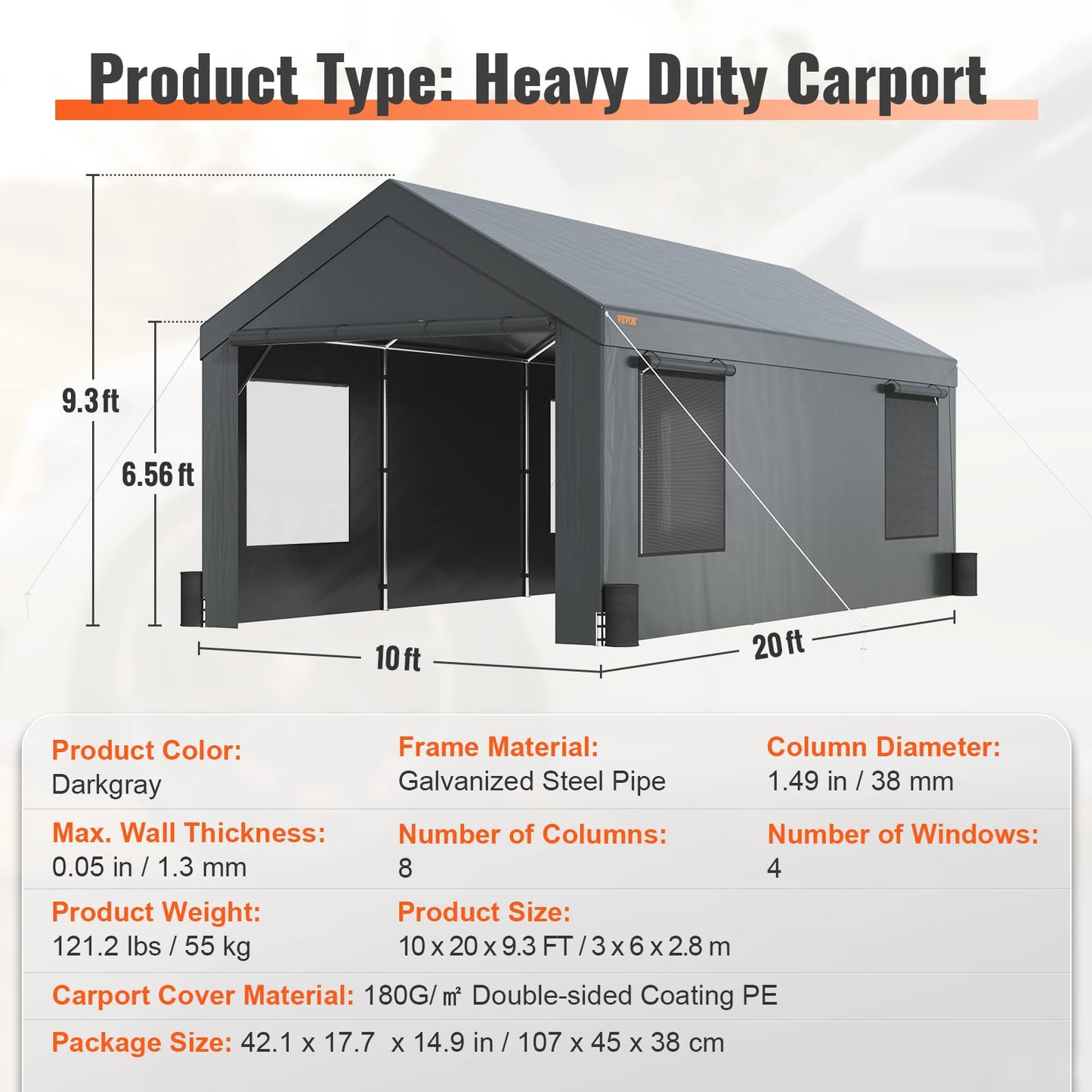 VEVOR Carport 10x20ft, Car Canopy Portable Garage, Heavy Duty Car Port with Roll-up Ventilated Windows & Removable Sidewalls, UV Resistant Waterproof - WoodArtSupply