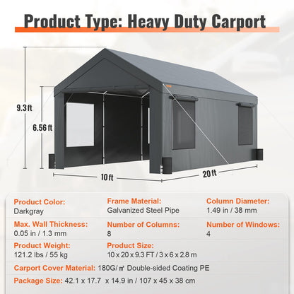 VEVOR Carport 10x20ft, Car Canopy Portable Garage, Heavy Duty Car Port with Roll-up Ventilated Windows & Removable Sidewalls, UV Resistant Waterproof
