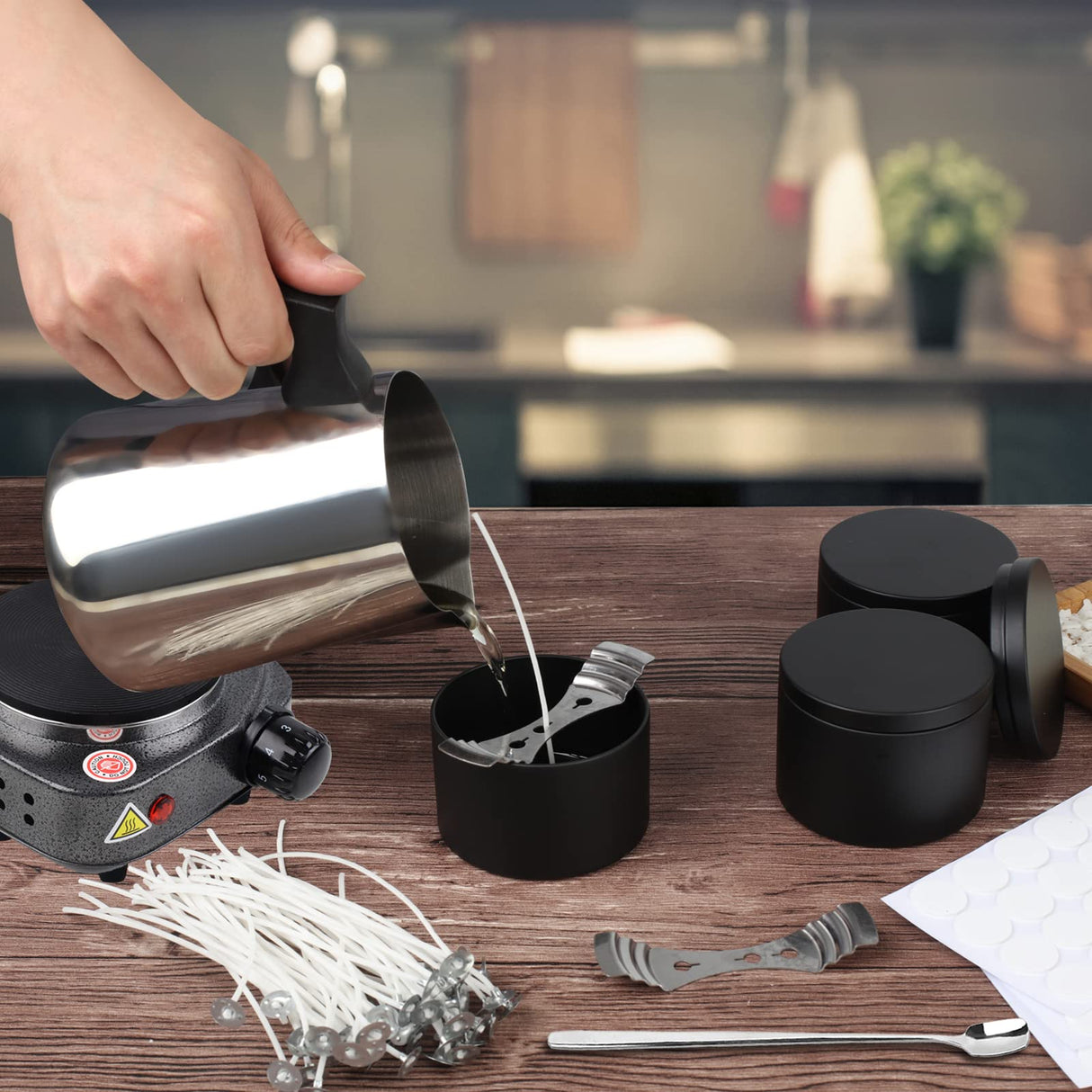 BBAXI Candle Making Pouring Pot with Electric Hot Plate for Melting Wax, Candle Wax Melting Pot with Heat-Resistant Handle and Long Stain Spoon, BBAXI