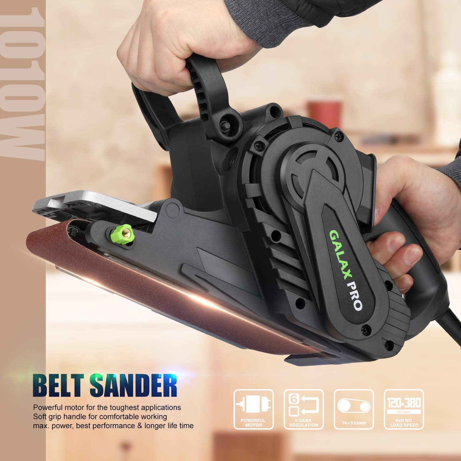 GALAX PRO 8 Amperes Belt Sander 120-380RPM with Variable Speed Settings, 5 Pieces Sanding Belts(3x21 Inch) and Dust Bag for Stock Removal GALAX PRO