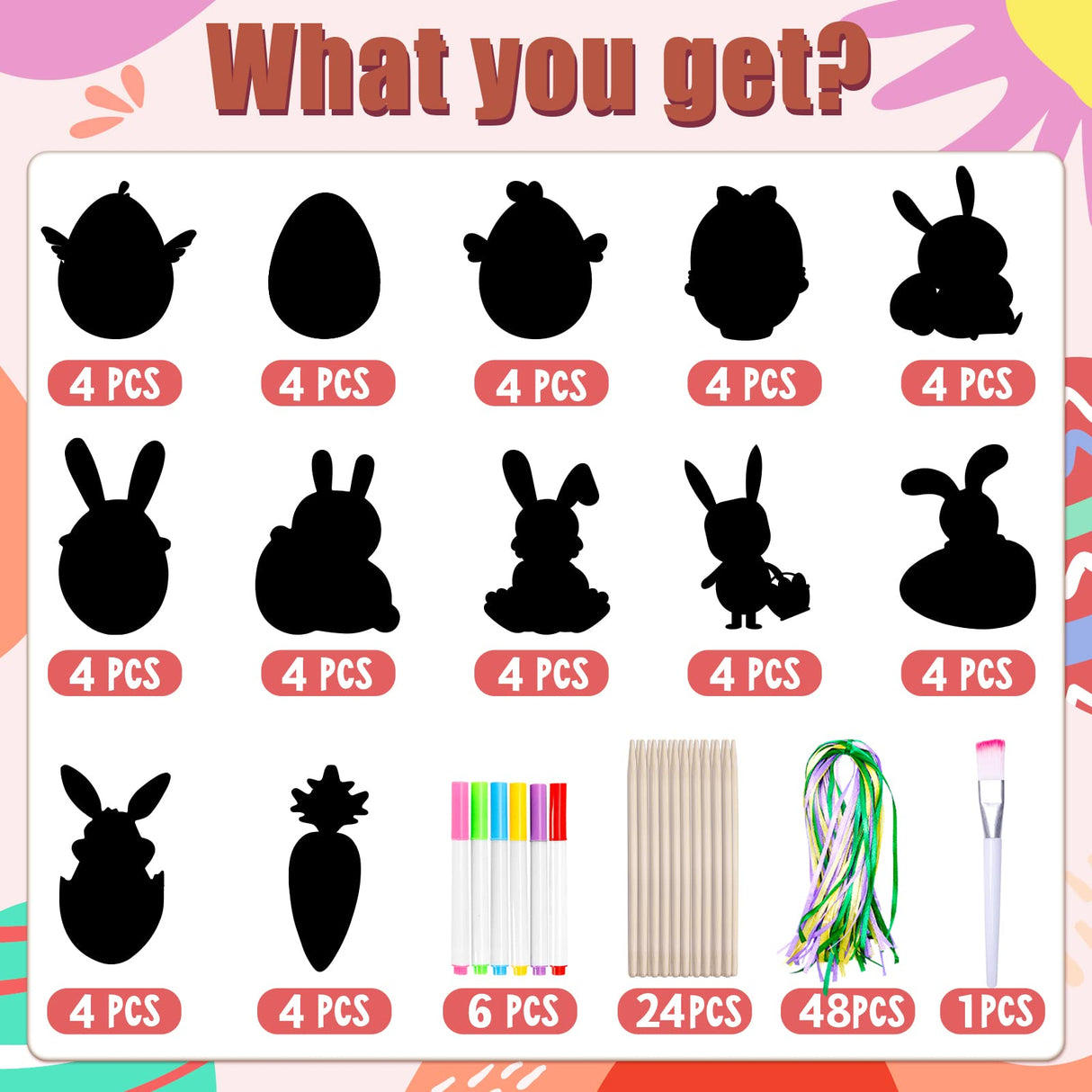 Max Fun Easter Crafts Kit Rainbow Color Scratch Paper Easter Ornaments (48 Counts)-Craft Kit for Kids Easter Basket Stuffers Party Favors Max Fun