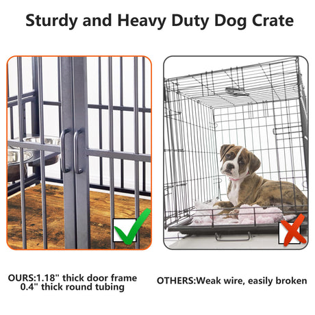 SEPTBOT Large Dog Kennel Indoor Furniture, 41 Inch Large Dog Crate with 360° Adjustable Feeder-2 Stainless Steel Bowls, Wooden Dog Cage Table for SEPTBOT