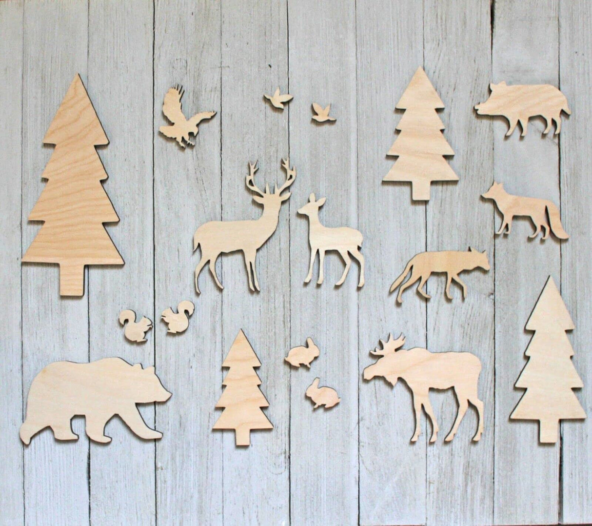 17-Pack Birch Plywood Forest Creatures Bear, Deer, Squirrel, Rabbit, Pine Trees, Laser Unfinished Wood Cutout Crafts Shapes Ready to Paint Texan Wood Crafts