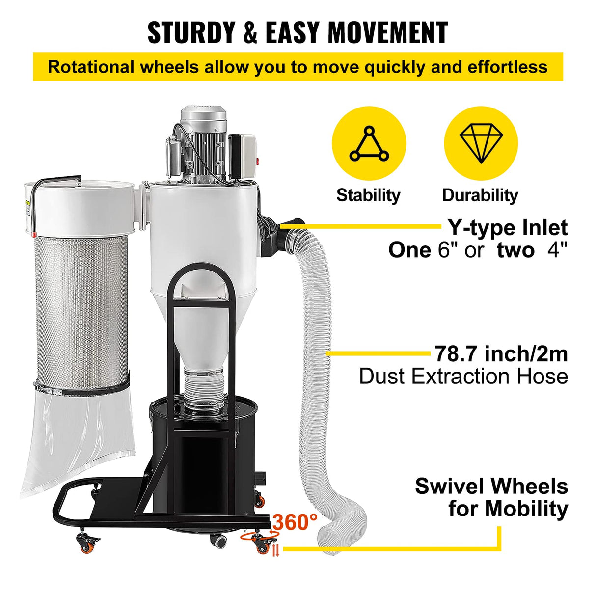 VEVOR 2 HP Dust Collector, Portable Cyclone Dust Collector, 1,500 CFM Woodworking Dust Collector with 13.2-Gallon Collection Drum and Mobile Base, VEVOR