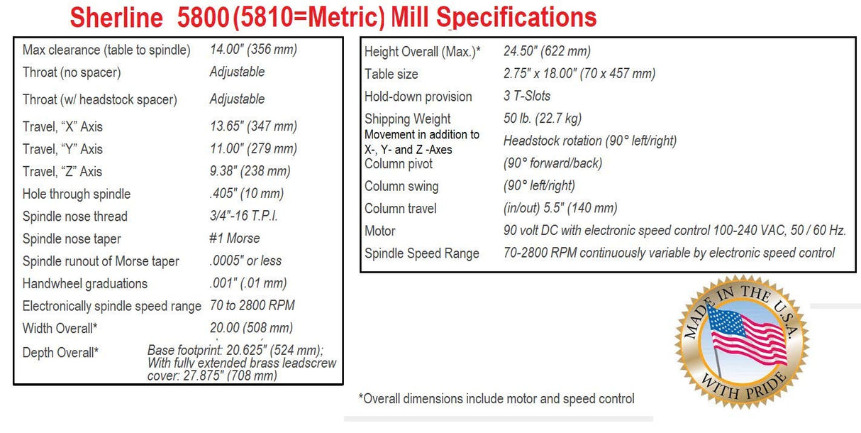 Sherline 5800-CNC INCH Version 18" NexGen Milling Machine CNC Ready (Intended for Computerized CNC) Computerized Sherline CNC control (Windows OS)
