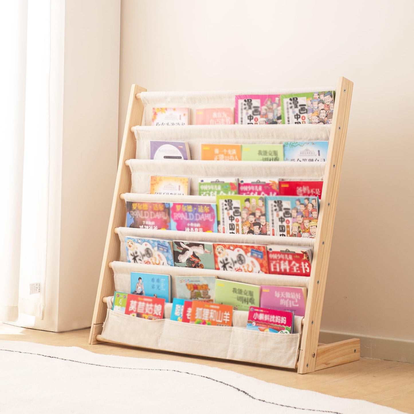 Wooden Bookshelf for Kids Wood Bookrack Canvas Book Storage Shelf Display Bookshelf 6 Tier Kids Book Rack for Bedroom Living Room Playroom Storage
