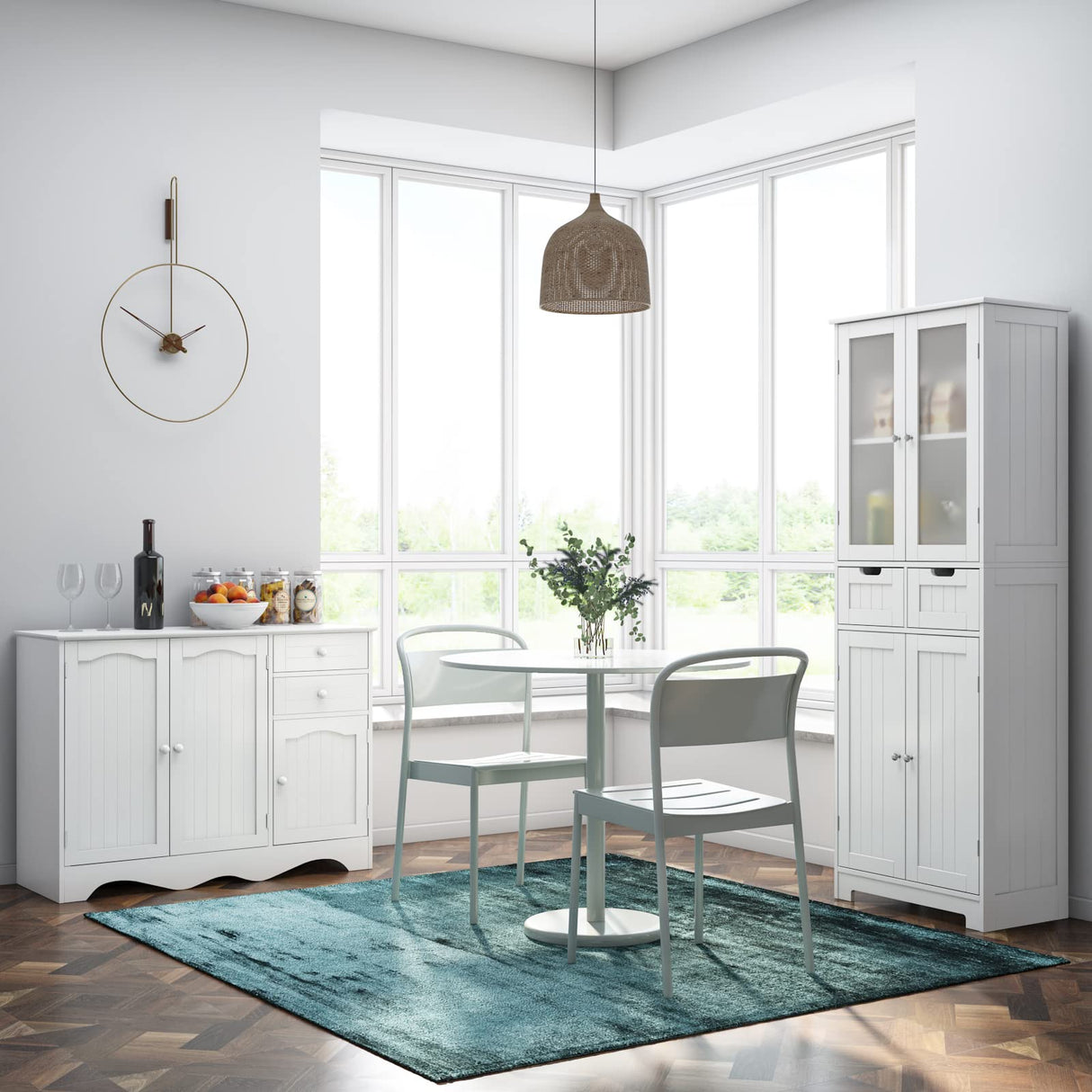 HORSTORS 67" Tall Storage Cabinet, Freestanding Pantry Cabinet with Glass Door and Shelves, Linen Bathroom Cabinet with 2 Drawers for Living Room, HORSTORS