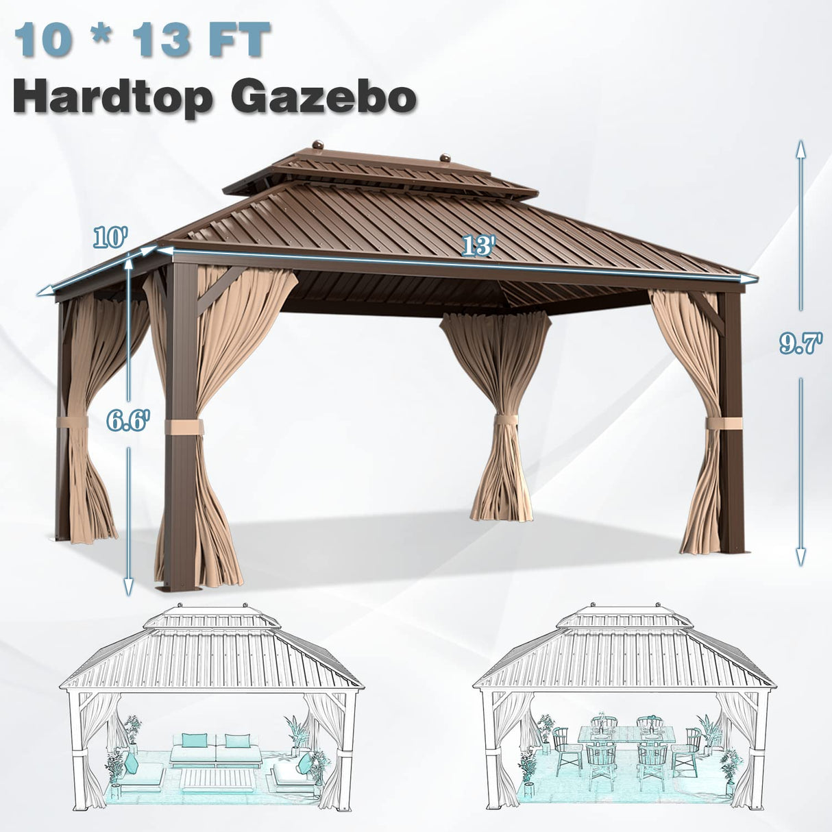 MELLCOM 10' X 13' Hardtop Gazebo Galvanized Steel Outdoor Gazebo Canopy Double Vented Roof Pergolas Aluminum Frame with Netting and Curtains for MELLCOM