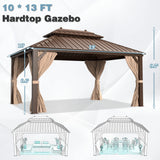 MELLCOM 10' X 13' Hardtop Gazebo Galvanized Steel Outdoor Gazebo Canopy Double Vented Roof Pergolas Aluminum Frame with Netting and Curtains for MELLCOM