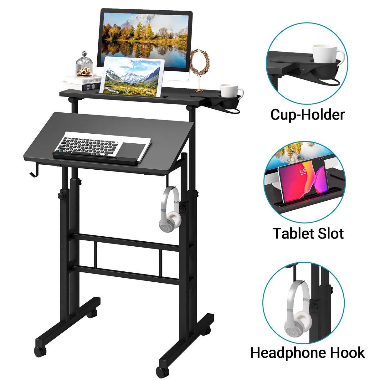 Klvied Adjustable Height Standing Desk with Cup Holder, Portable and Easy to Move, Ideal for Home or Office, Black Klvied