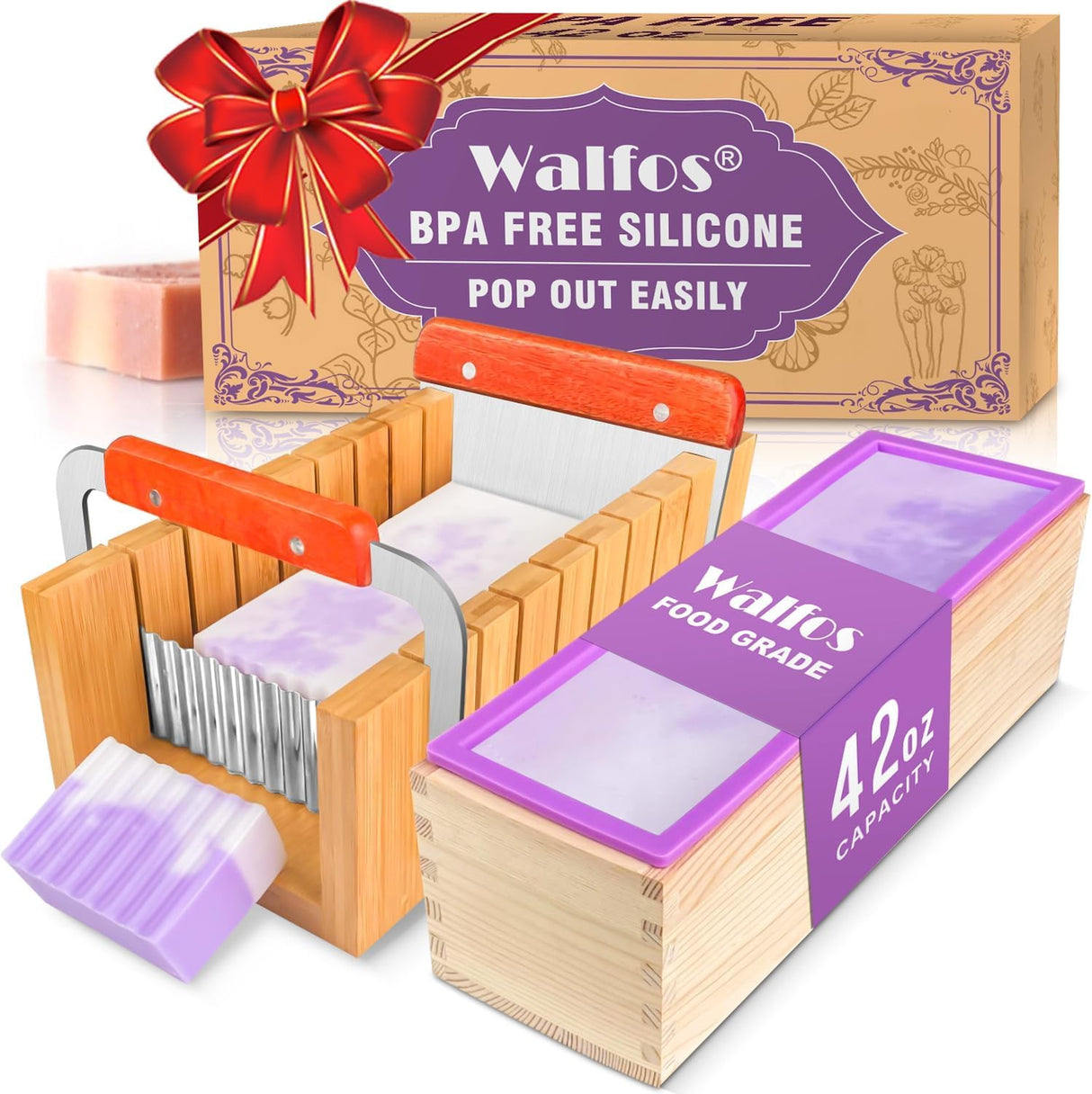 Walfos Soap Mold for soap Making, Soap Making kit - 42 oz Silicone Loaf soap Mold Set with Rectangular Wood Box & Bamboo Cutter Measuring Box, 2 Walfos