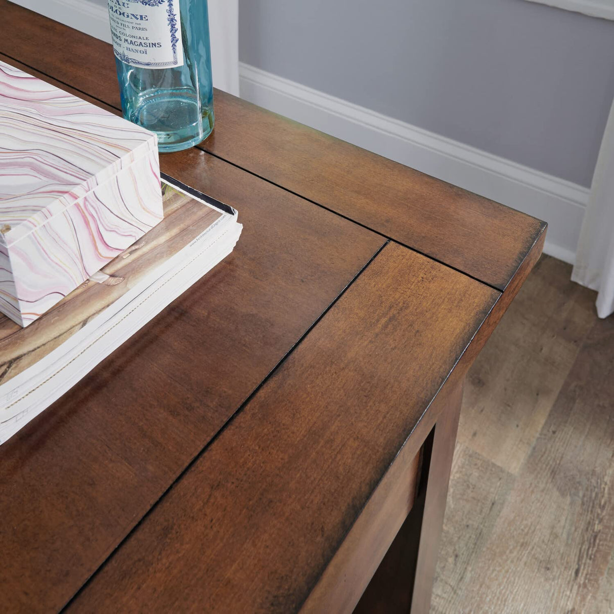 Home Styles Tahoe Aged Maple Executive Writing Desk with Two Accessory Drawers on Each Side, Drop-Down Center Drawer, Keyboard Tray, and Antiqued homestyles