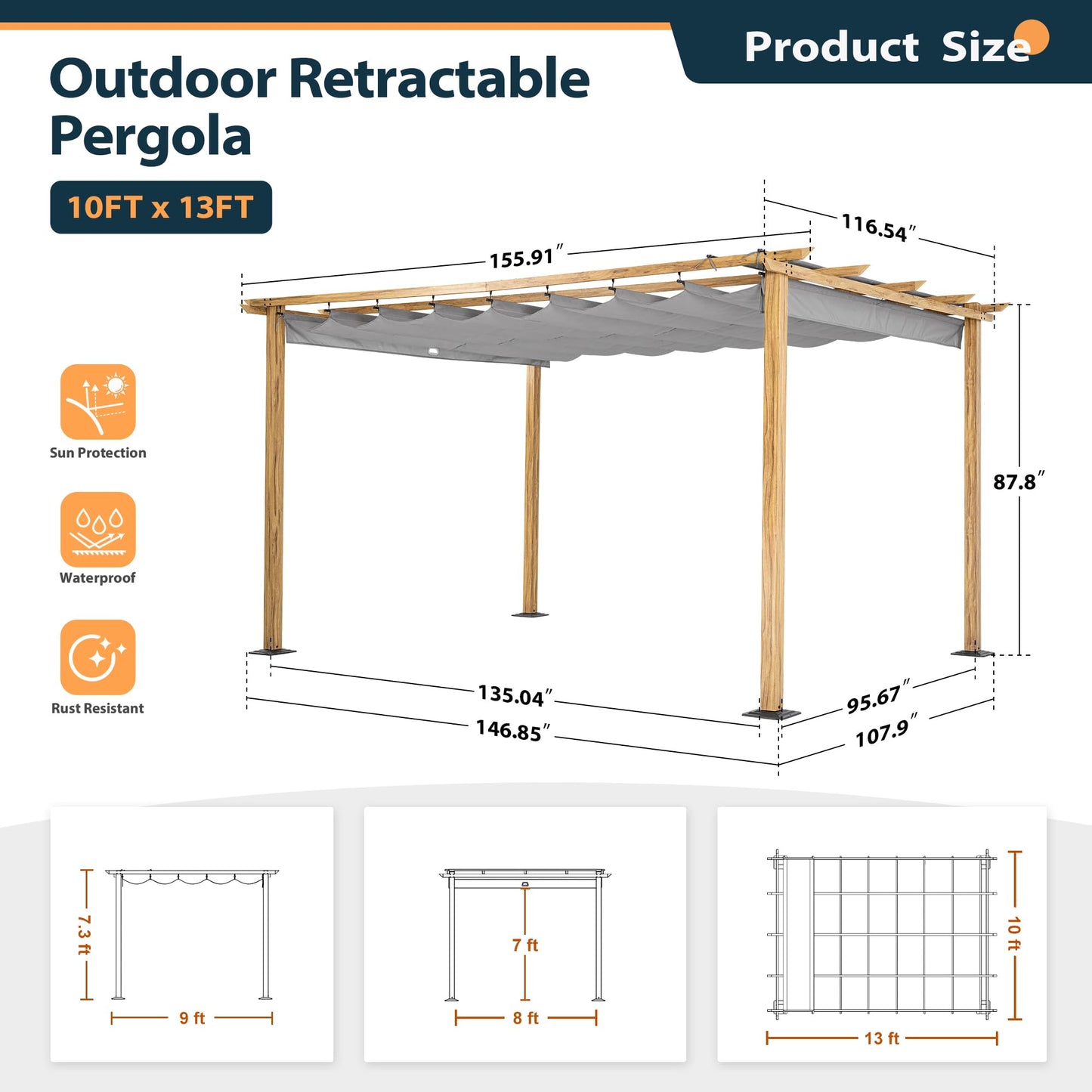 HAPPATIO 10' X 13' Pergola Retractable Pergola Canopy for Backyard, Garden, Patio; Woodgrain-Look Aluminum Pergola with Retractable Pergola Canopy, - WoodArtSupply