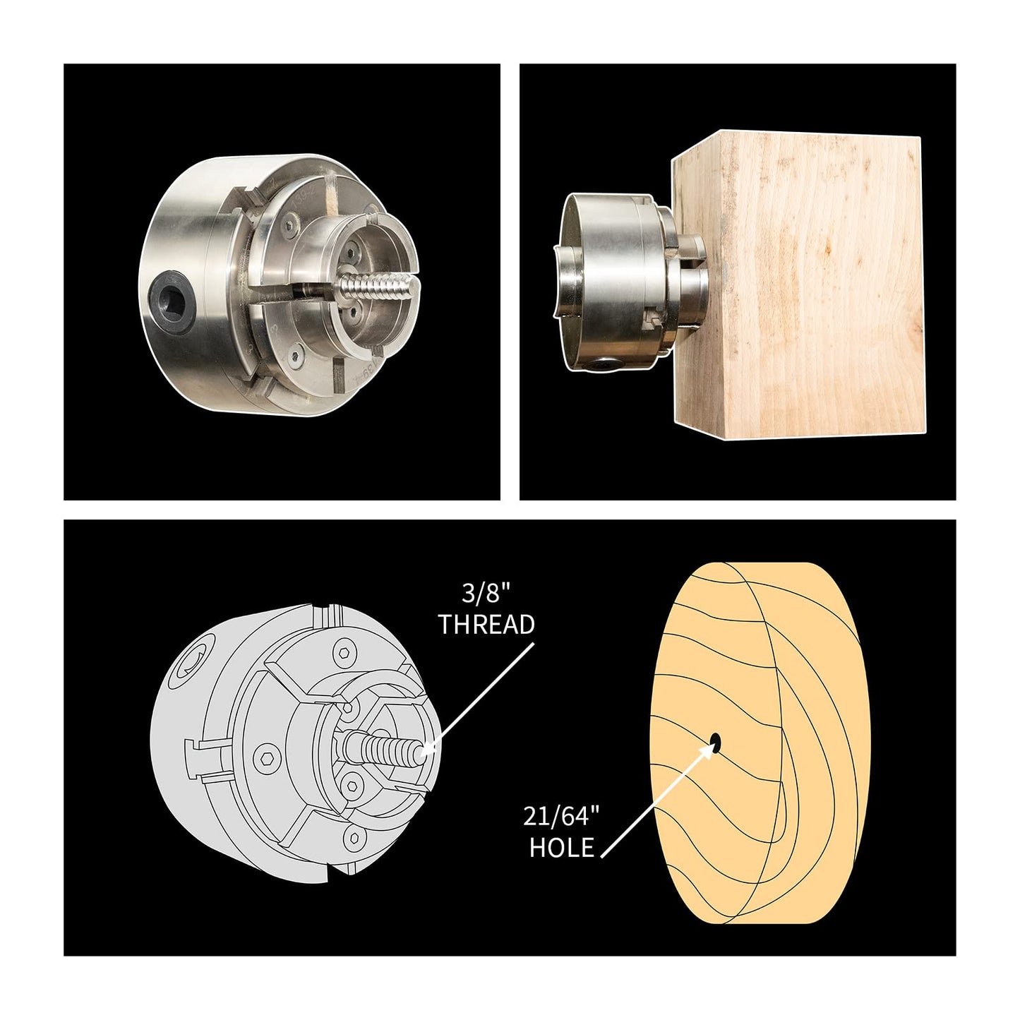 DEEFIINE 4 Inch Wood Lathe Chuck Set 1" x 8 tpi thread & 3/4"x16TPI Adapter, Nickel Plated Self Centering 4 Jaw Wood Turning Chuck set (2PCS jaws)