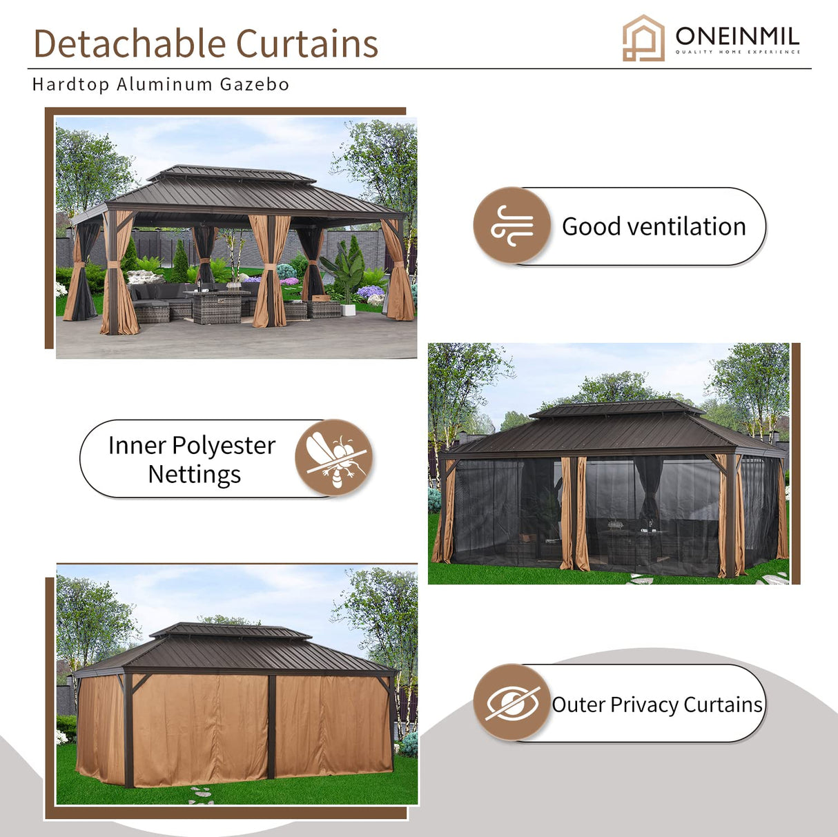 oneinmil 12x20FT Outdoor Gazebo, Heavy Duty Metal Double Roof Hardtop Gazebo with Aluminum Frame and Netting and Curtains for Patios oneinmil