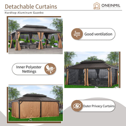 oneinmil 12x20FT Outdoor Gazebo, Heavy Duty Metal Double Roof Hardtop Gazebo with Aluminum Frame and Netting and Curtains for Patios - WoodArtSupply