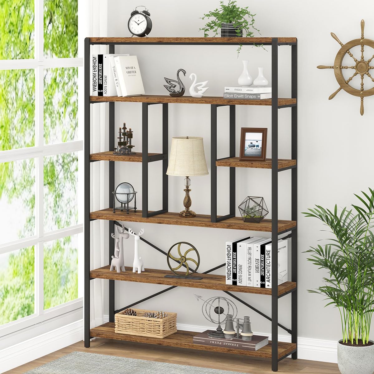 Rustic Industrial 6-Tier Metal and Wood Bookshelf by LVB LVB