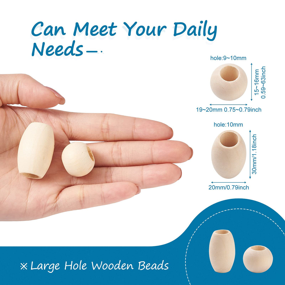 Pandahall 120Pcs Natural Large Hole Wood Beads Oval & Round Unfinished Wooden Loose Spacer Beads for Craft Jewelry Making, Hole:9-10mm PH PandaHall