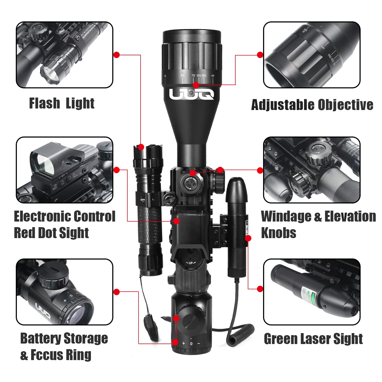 UUQ 4-16X50 AO Rifle Scope Red/Green Illuminated Range Finder Reticle W/Green Laser - Holographic Reflex Red Dot Sight - 5 Brightness Modes UUQ