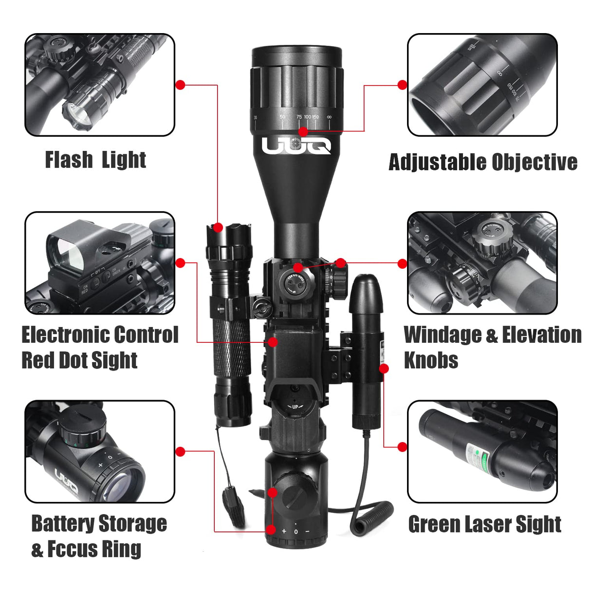 UUQ 4-16X50 AO Rifle Scope Red/Green Illuminated Range Finder Reticle W/Green Laser - Holographic Reflex Red Dot Sight - 5 Brightness Modes UUQ